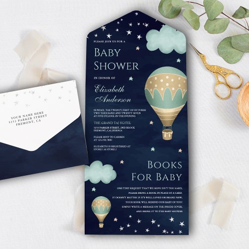 Vintage Green Hot Air Balloon Navy Baby Shower All In One Invitation