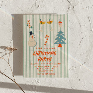 Vintage Green Illustrated Christmas Party Striped Invitation