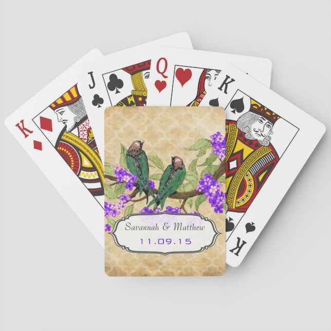 Vintage Green Love Bird Wedding Gift Playing Card (Back)