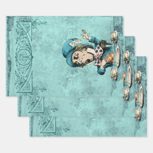 Vintage Green Mad Hatter in Wonderland Wrapping Paper Sheets