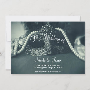 Vintage Green Masquerade Mask Pearls Wedding Invitation