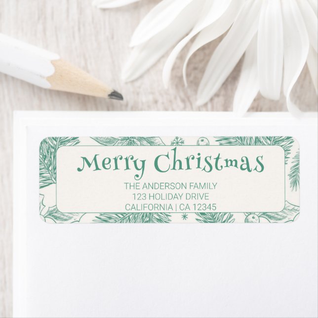 Vintage Green Merry Christmas Line Art Address Label (Insitu)