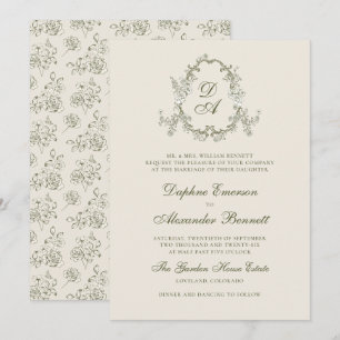 Vintage Green Monogrammed Floral Wedding Invitation