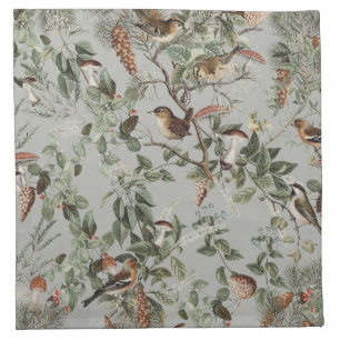 Vintage Green Mushroom Birds Woodland Cloth Napkin