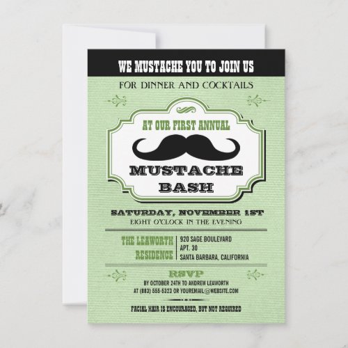 Vintage Green Mustache Bash Invites