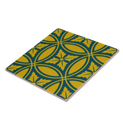 Vintage Green Mustard Japan Rosette Circle Pattern Ceramic Tile