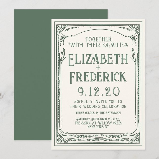 Vintage Green Old Print Wedding Invitation (Front/Back)