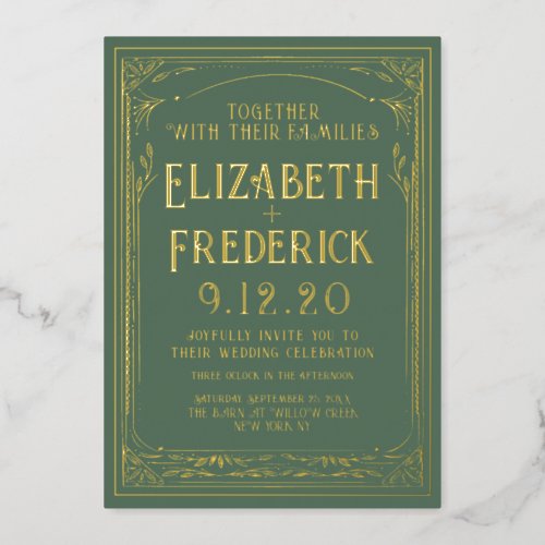 Vintage Green Old Print Wedding Invitation Foil Invitation