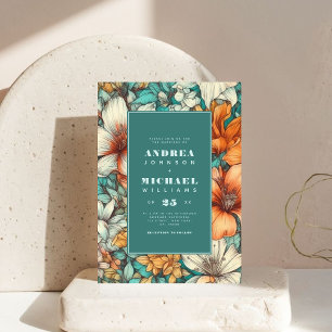 Vintage Green & Orange Floral Wedding Invitation