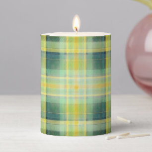 Vintage Green orange grey distressed plaid pattern Pillar Candle