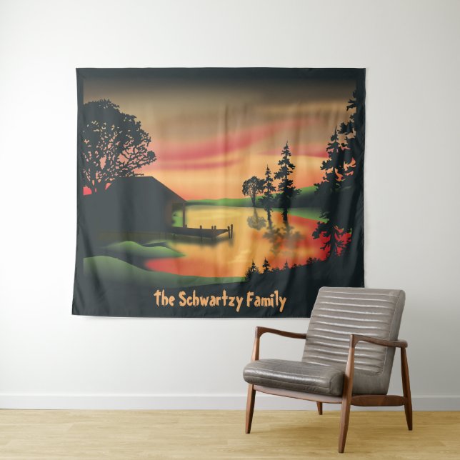Vintage Green Orange Red Landscape Sunset Tapestry (In Situ (Horizontal))