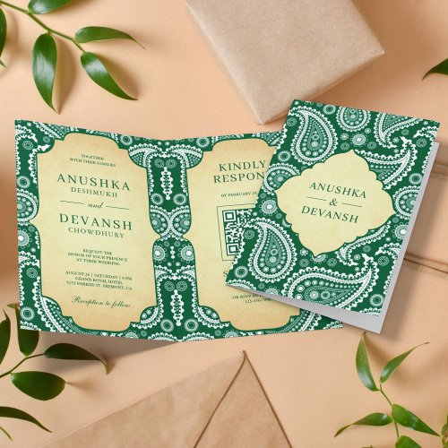 Vintage Green Paisley Indian QR Code Wedding Invitation