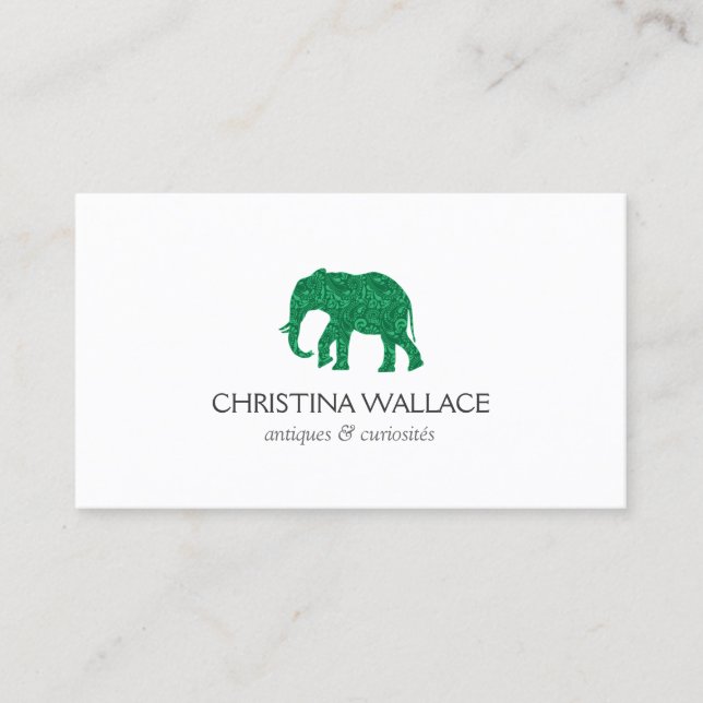 Vintage Green Patterned Elephant Business Card (Front)