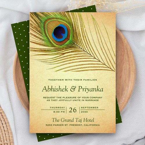 Vintage Green Peacock Feather Indian Wedding Invitation