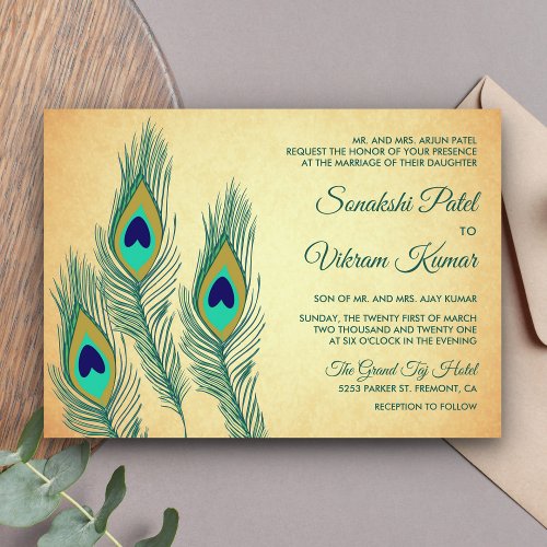 Vintage Green Peacock Feathers Indian Wedding Invitation