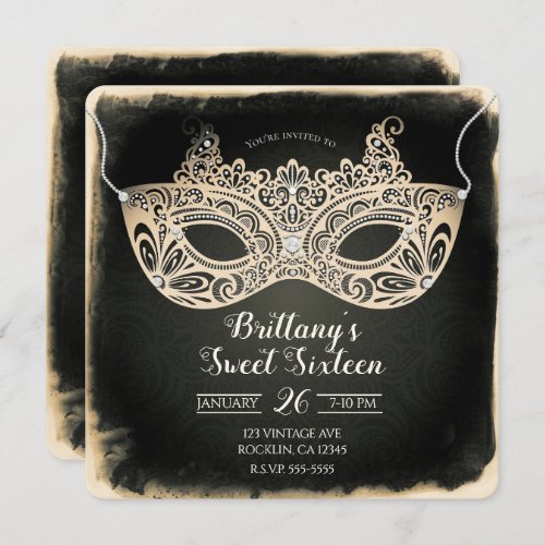 Vintage Green Pearl Masquerade Mask Sweet 16 Party Invitation
