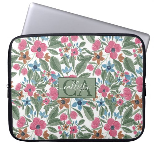 Vintage Green Pink Blue Watercolor Floral Pattern Laptop Sleeve