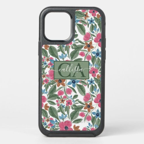 Vintage Green Pink Blue Watercolor Floral Pattern OtterBox Symmetry iPhone 12 Case