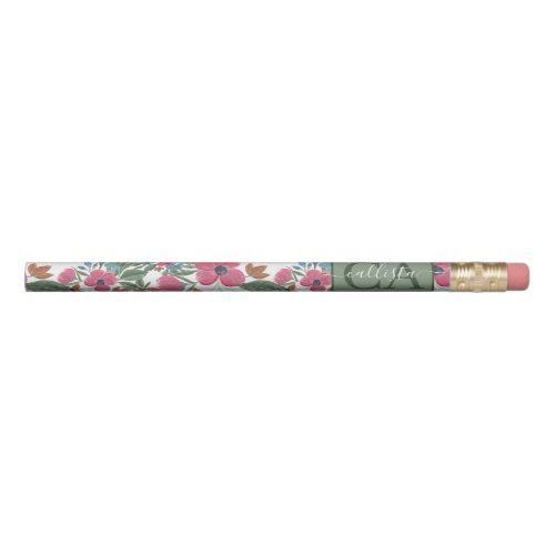 Vintage Green Pink Blue Watercolor Floral Pattern Pencil