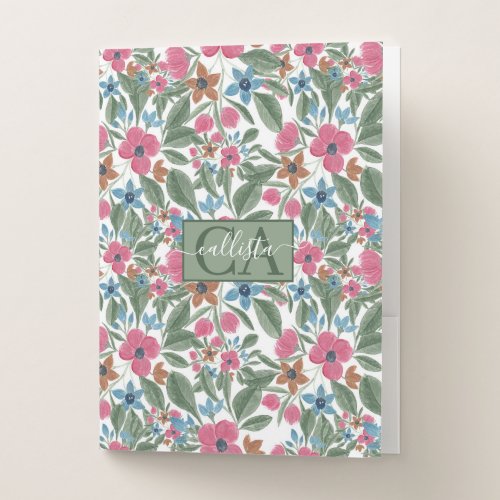 Vintage Green Pink Blue Watercolor Floral Pattern Pocket Folder
