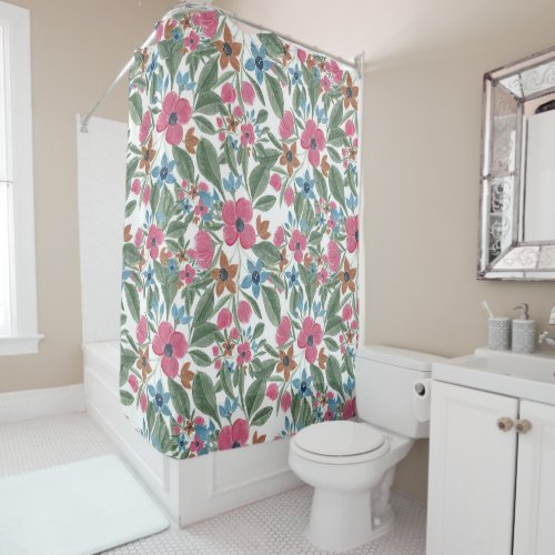Vintage Green Pink Blue Watercolor Floral Pattern Shower Curtain