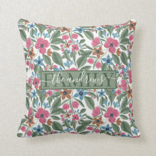 Vintage Green Pink Blue Watercolor Floral Pattern Throw Pillow