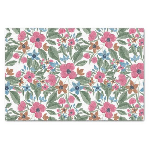 Vintage Green Pink Blue Watercolor Floral Pattern Tissue Paper
