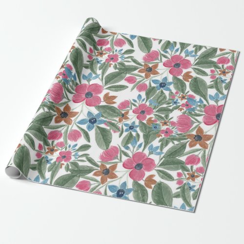 Vintage Green Pink Blue Watercolor Floral Pattern Wrapping Paper