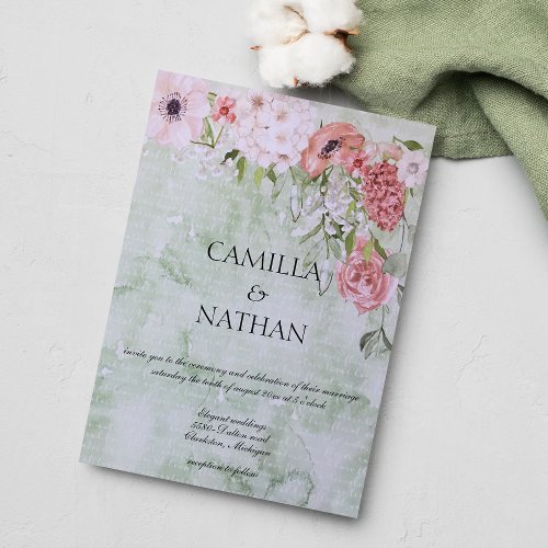 Vintage green pink classic script floral wedding invitation