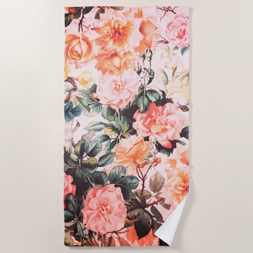 Vintage green pink coral watercolor roses floral beach towel