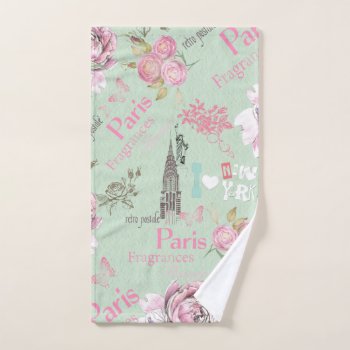 Vintage Green Pink Floral Collage Typography Hand Towel by kicksdesign at Zazzle
