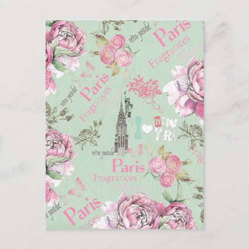 Vintage green pink floral collage typography postcard