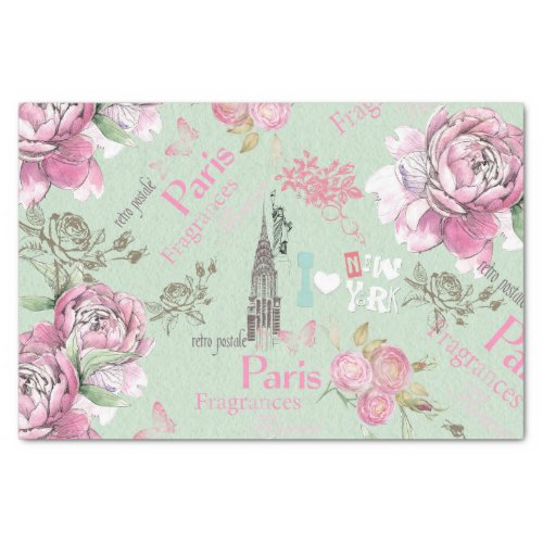 Vintage green pink floral collage typography tissue paper