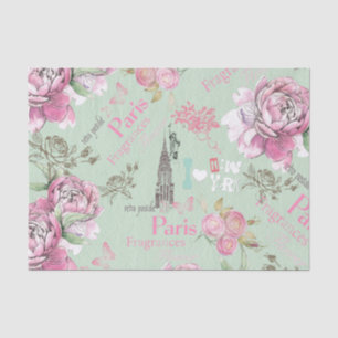 Vintage green pink floral collage typography tissue paper