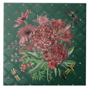 Vintage Green Pink Floral Dragonflies Ceramic Tile