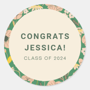 Vintage Green Pink Floral Graduation Party Custom Classic Round Sticker