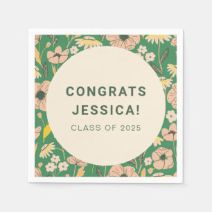 Vintage Green Pink Floral Graduation Party Custom Napkins