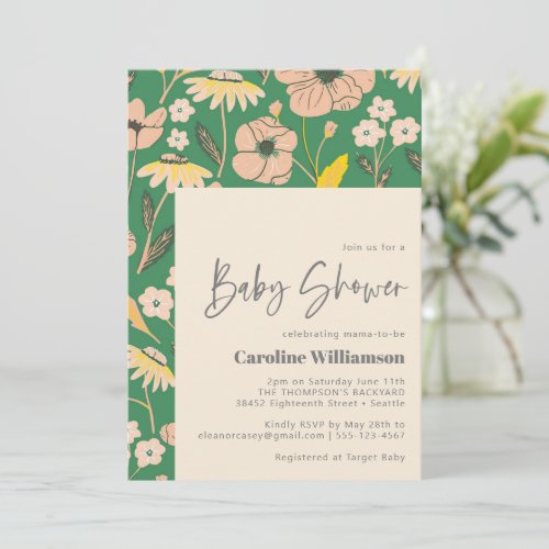 Vintage Green Pink Floral Script Cute Baby Shower Invitation