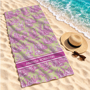 Vintage Green Pink French Country Toile de Jouy Beach Towel