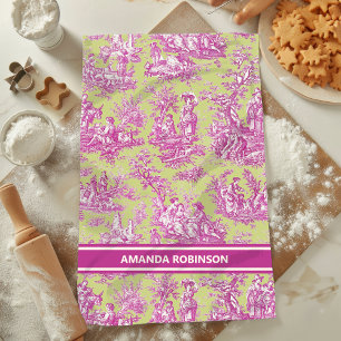 Vintage Green Pink French Country Toile de Jouy Kitchen Towel