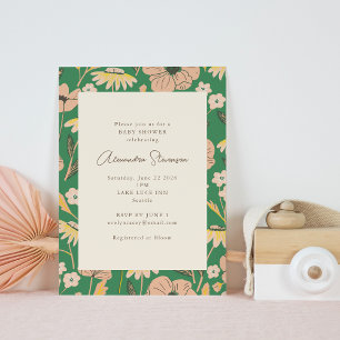 Vintage Green Pink Garden Floral Baby Shower Invitation