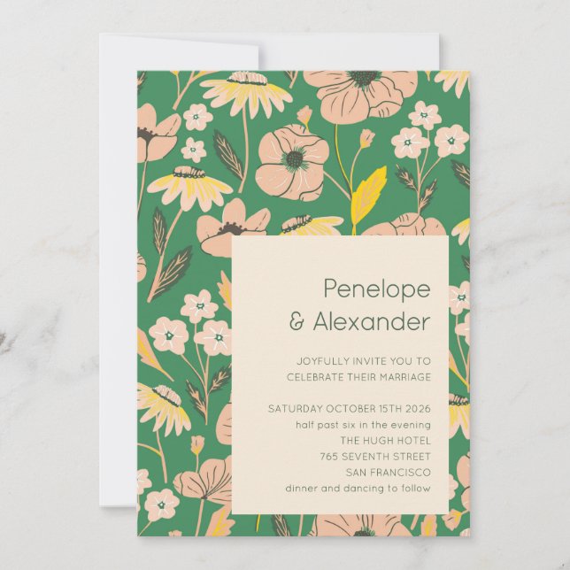Vintage Green Pink Garden Floral Wedding Invitation (Front)