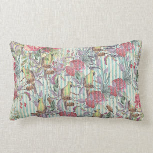 Vintage green pink grunge stripes bird floral lumbar pillow
