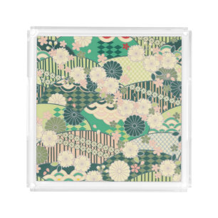 Vintage Green Pink Japanese Kimono Floral Flower Acrylic Tray