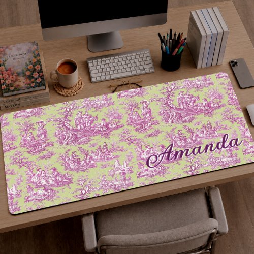 Vintage Green Pink Toile de Jouy French Scene Desk Mat