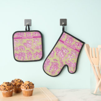 Vintage green pink toile de jouy printed oven mitt & pot holder set