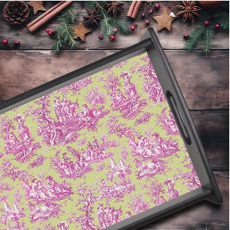 Vintage green pink toile de jouy printed serving tray
