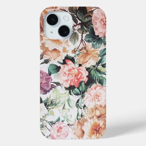 Vintage green pink yellow country chic floral iPhone 15 case
