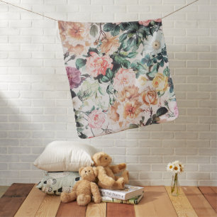 Vintage green pink yellow watercolor roses floral. baby blanket