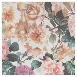 Vintage green pink yellow watercolor roses floral. fabric